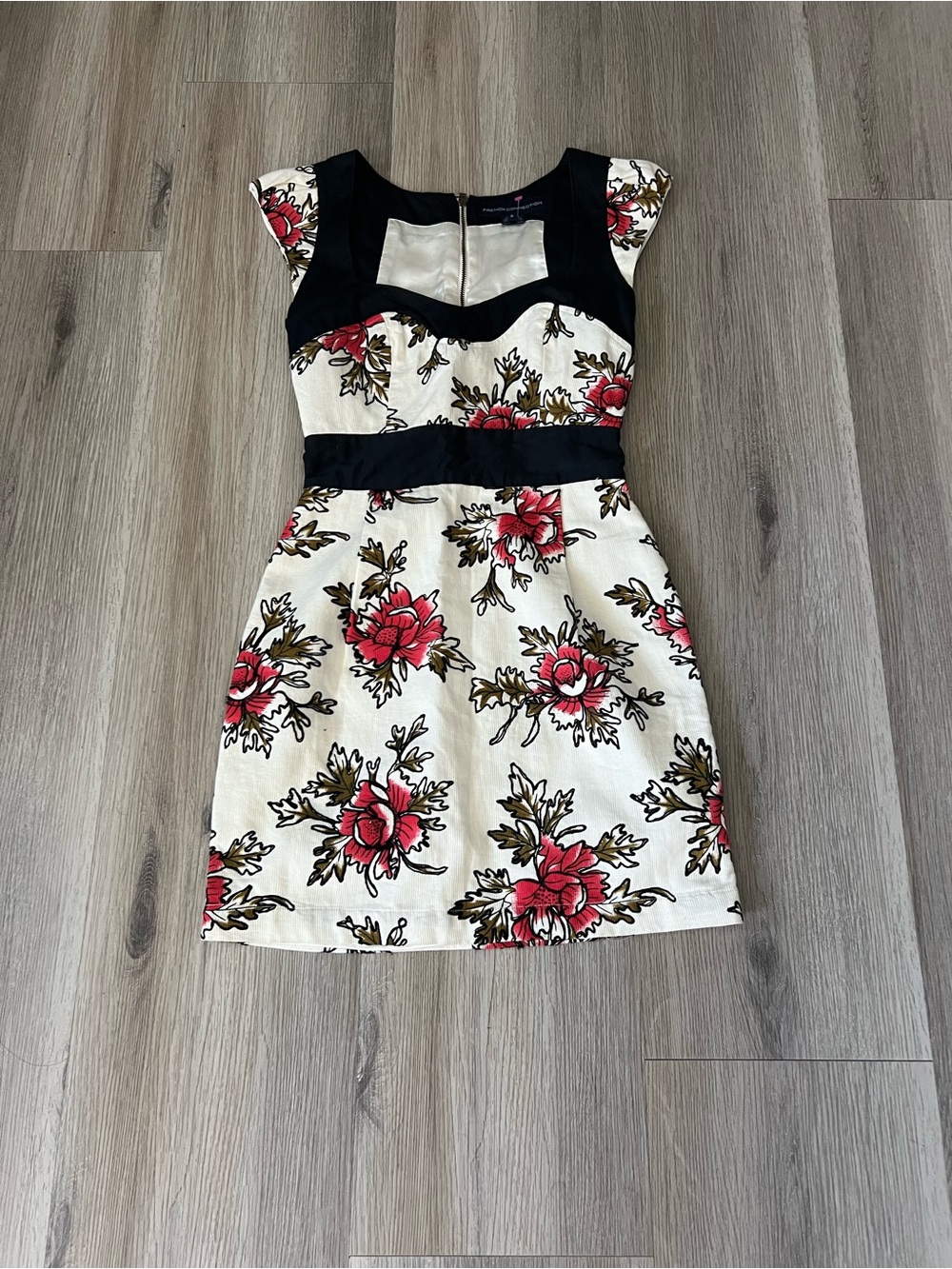 French Connection Black and Cream Floral Dress with Red Accents